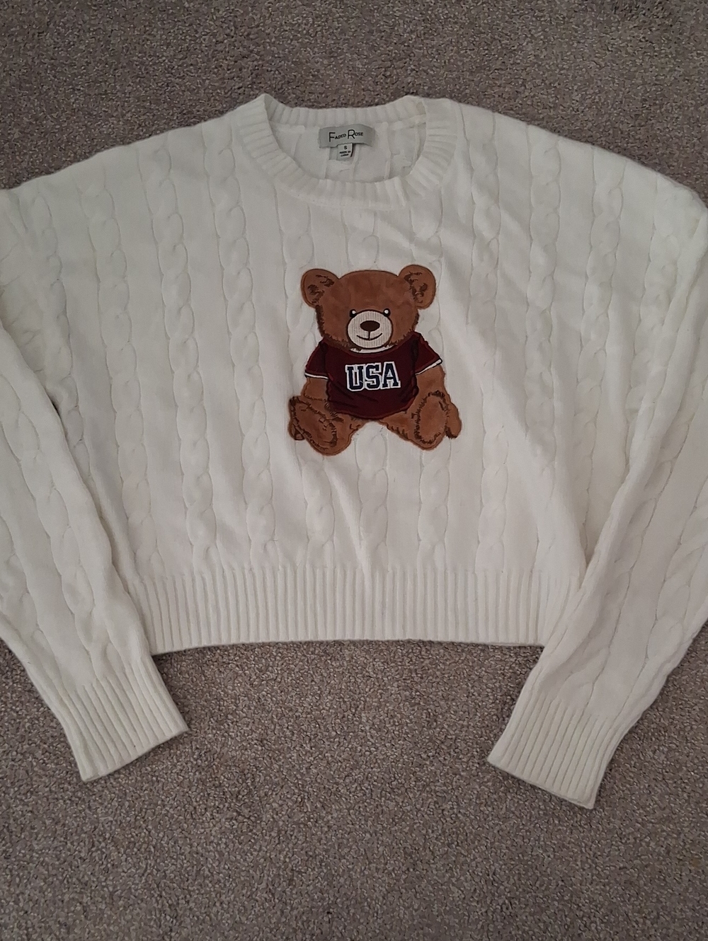 Faded Rose White Cropped Cable-Knit Teddy Bear Sweater  USA Patch (S)